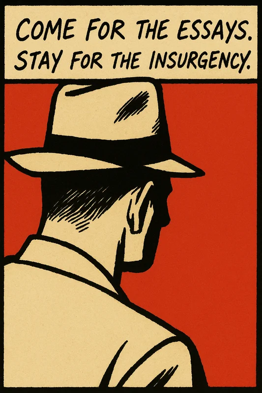 Comic-style illustration of a man in a fedora and trench coat seen from behind against a red background, captioned: Come for the essays. Stay for the insurgency.