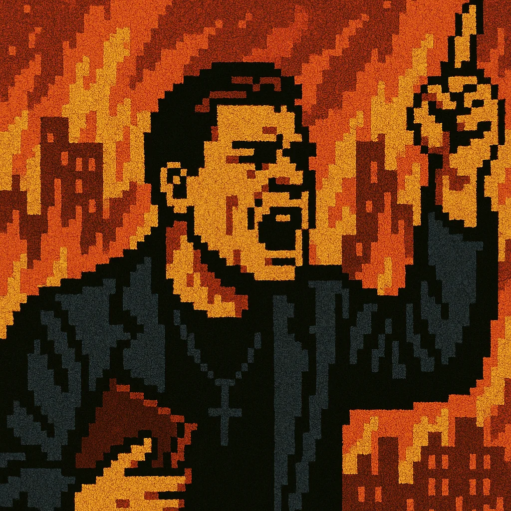 Pixel-art illustration of a preacher in black robes and a cross necklace, one finger raised mid-sermon, shouting before a city consumed by orange flames.